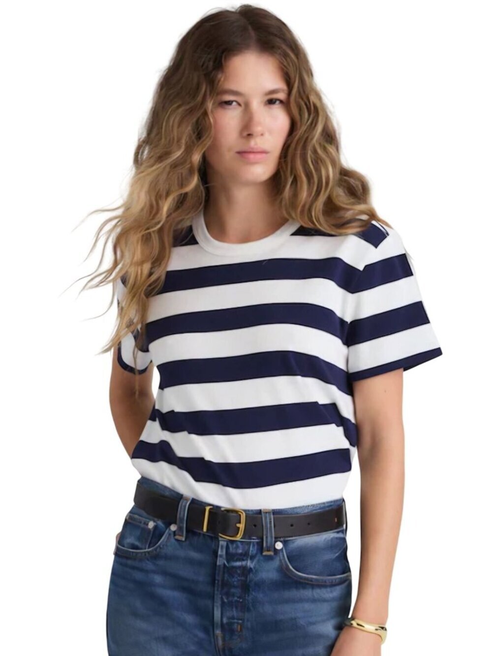 Madewell The Dakota Perfect Crewneck Tee Cotton Blend Navy White Size M